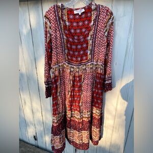 Brass & Roe by Called to Surf Orange  Boho Long Sleeve MIDI Dress Size L